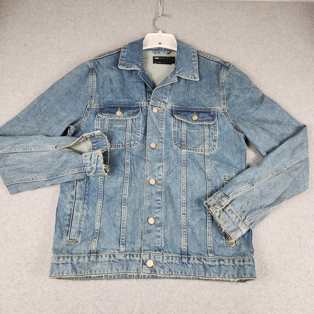 ASOS DESIGN Denim Trucker Jacket Mens Medium Blue Button Front Everyday Wear
